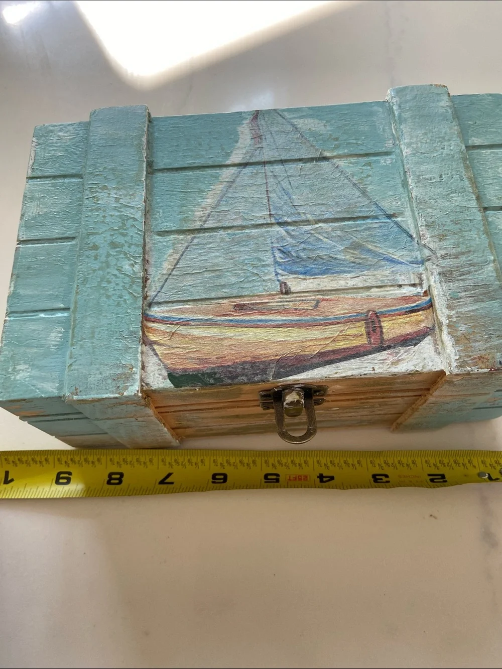 Coastal Wooden Trinket Box in Light Aqua - Nautical Accent